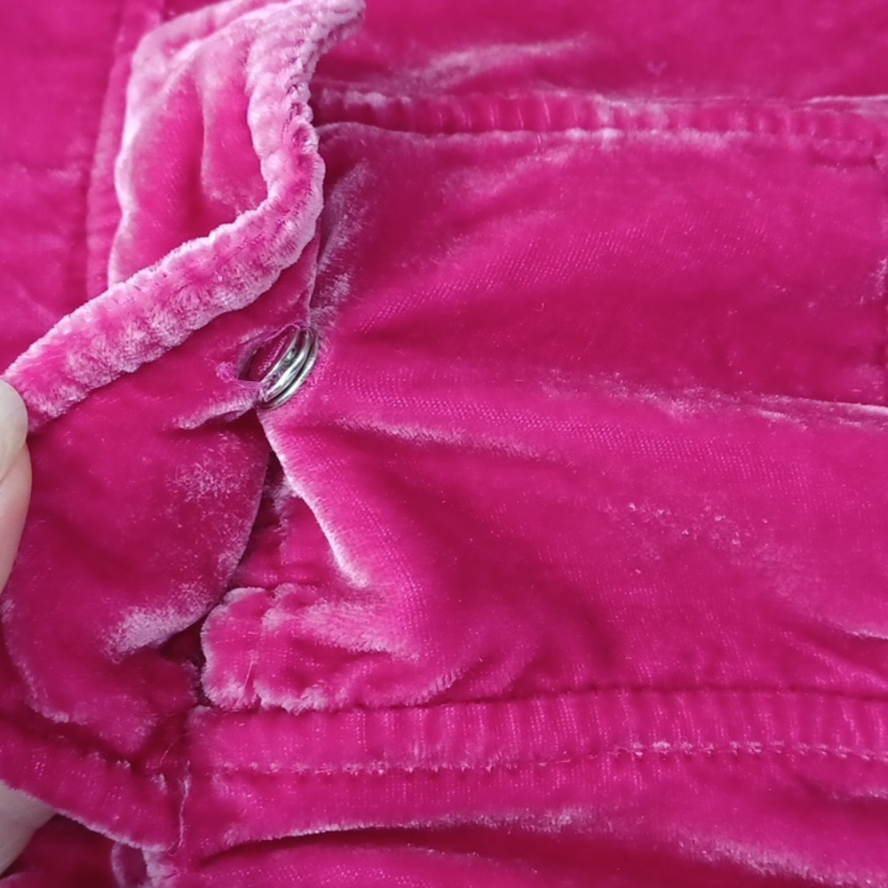 Pink velour soft sweater jacket blazer open front, ruffle by Chicos size 1